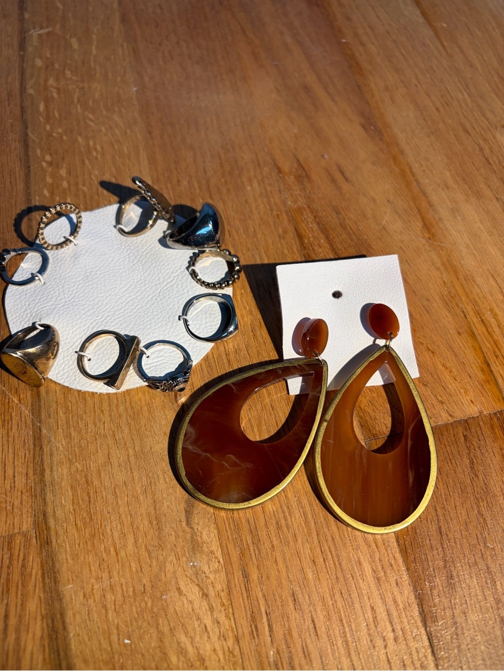 Free People Brown Teardrop Hoop Earrings with Gold Trim and Ring Bundle